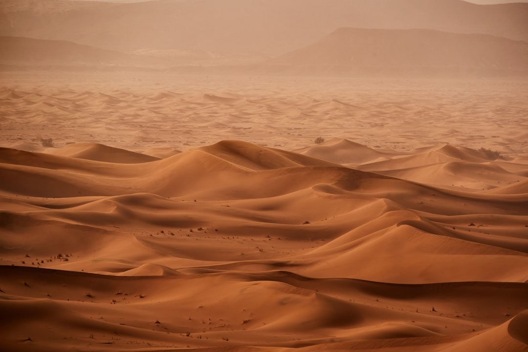 Rolling sand dunes stretch toward mountains in a desert landscape.